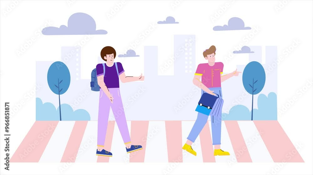 Two young men meeting at a city crosswalk showing friendly gestures in modern urban environment Two young men meeting at a city crosswalk showing friendly gestures in modern urban environment