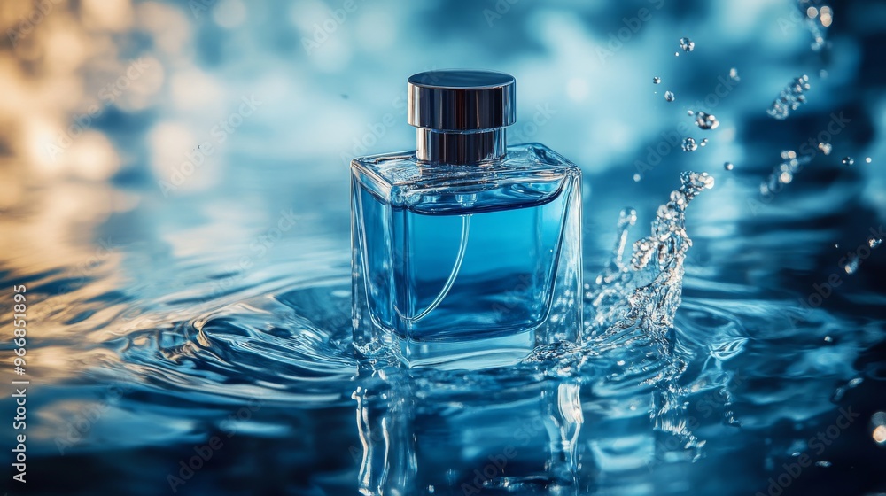 Blue Perfume Bottle Splashing in Water Blue Perfume Bottle Splashing in Water