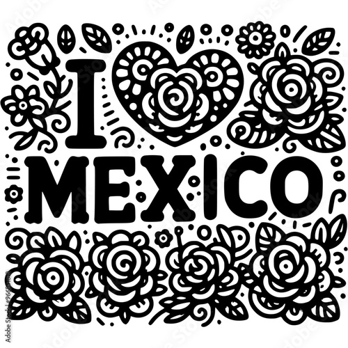 I love Mexico inscriptions laid out of flowers in monochrome. Simple minimalistic vector in black ink drawing on transparent background