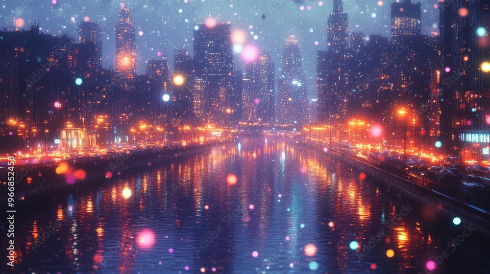 Cityscape with Rain and Bokeh Lights Reflecting on Water Cityscape with Rain and Bokeh Lights Reflecting on Water