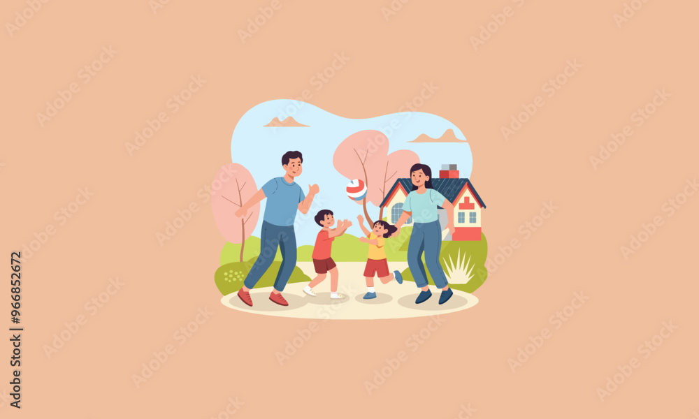 Fototapeta premium A happy family playing with a ball outdoors near their house.