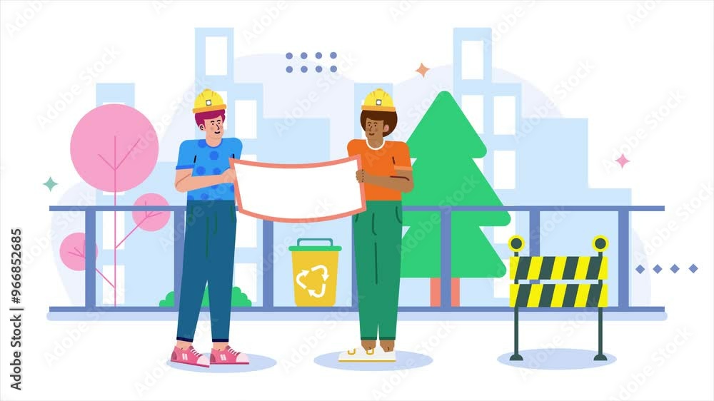 Two construction workers display a blank sign while standing in a vibrant cityscape filled with trees and recycling bins illustration Two construction workers display a blank sign while standing in a vibrant cityscape filled with trees and recycling bins illustration