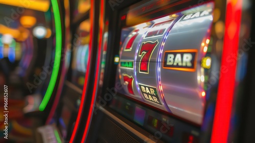 A close-up shot of a slot machine with a winning combination of three sevens. The machine is lit up with colorful lights, and the reels are spinning.