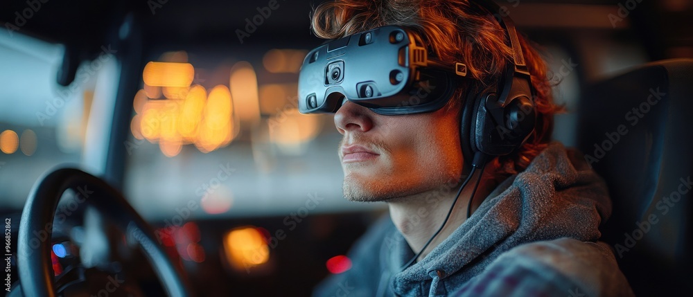 Man Wearing VR Headset and Headphones Driving a Car at Night Man Wearing VR Headset and Headphones Driving a Car at Night