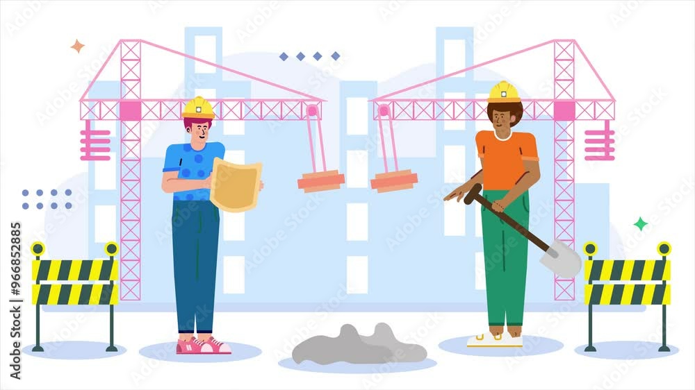 Construction workers collaborating on a building project illustration business animated video Construction workers collaborating on a building project illustration business animated video