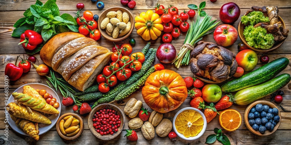 Vibrant, colorful, and appetizing arrangement of fresh fruits, vegetables, and baked goods on a distressed wooden table, perfect for food-inspired wallpapers and culinary designs. Vibrant, colorful, and appetizing arrangement of fresh fruits, vegetables, and baked goods on a distressed wooden table, perfect for food-inspired wallpapers and culinary designs.