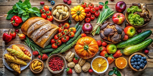 Vibrant, colorful, and appetizing arrangement of fresh fruits, vegetables, and baked goods on a distressed wooden table, perfect for food-inspired wallpapers and culinary designs.