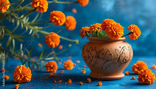 Vibrant marigold flowers in clay pot against blue backdrop celebrating Indian religious festivals like Gudi Padwa and Ugadi, perfect for banners and invitations