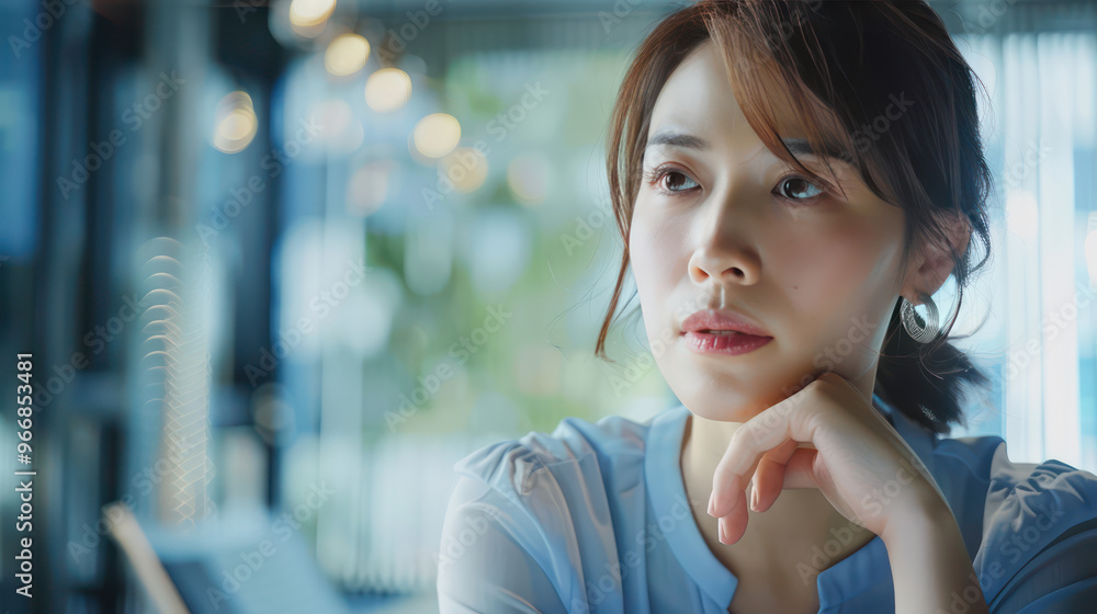 Thoughtful woman in cafe, reflecting on her day with serene expression Thoughtful woman in cafe, reflecting on her day with serene expression