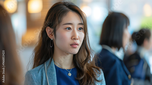 A young woman with long hair, wearing blue top and blazer, appears thoughtful