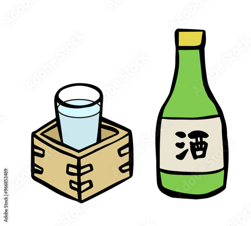 筆書き　日本酒の升酒　線画イラスト