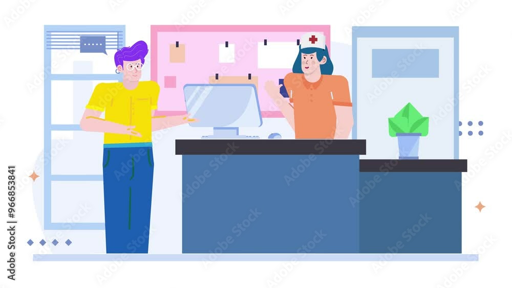 a hospital reception area with a nurse assisting a visitor in a colorful and welcoming environment illustration a hospital reception area with a nurse assisting a visitor in a colorful and welcoming environment illustration
