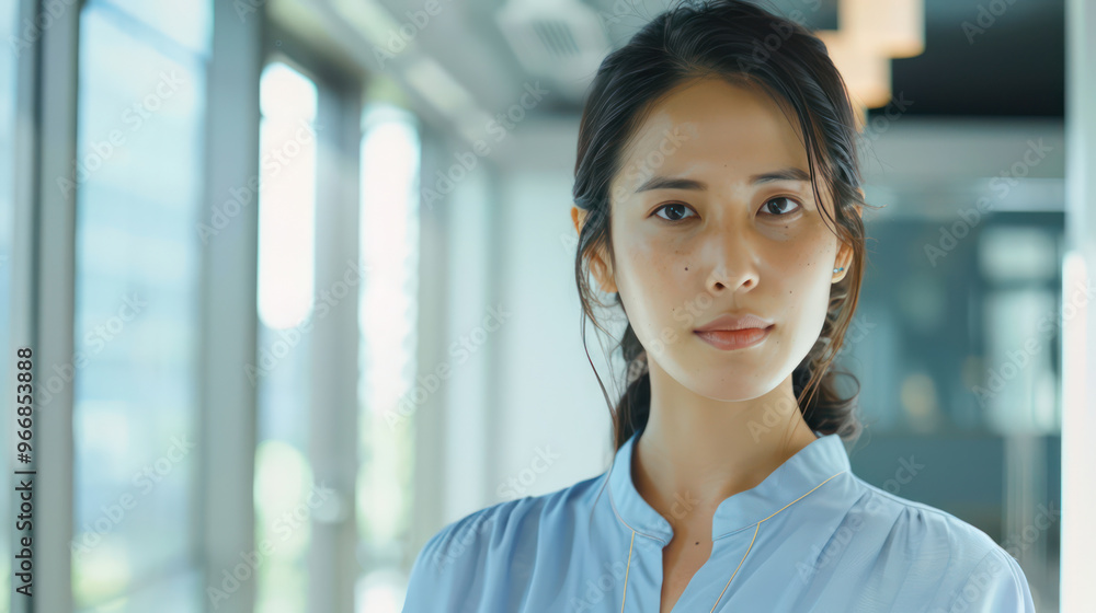 A woman with serious expression stands in modern office space A woman with serious expression stands in modern office space