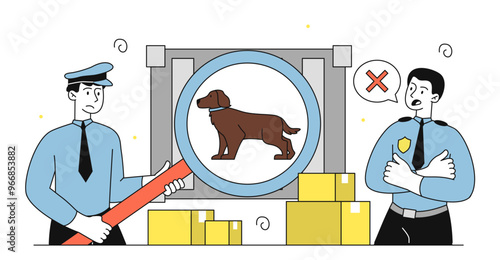 Patrol checkpoint concept. Men in uniform look at cardboard boxes with magnifying glass. Guards with dog scan parcels. Border service workers. Linear vector illustration