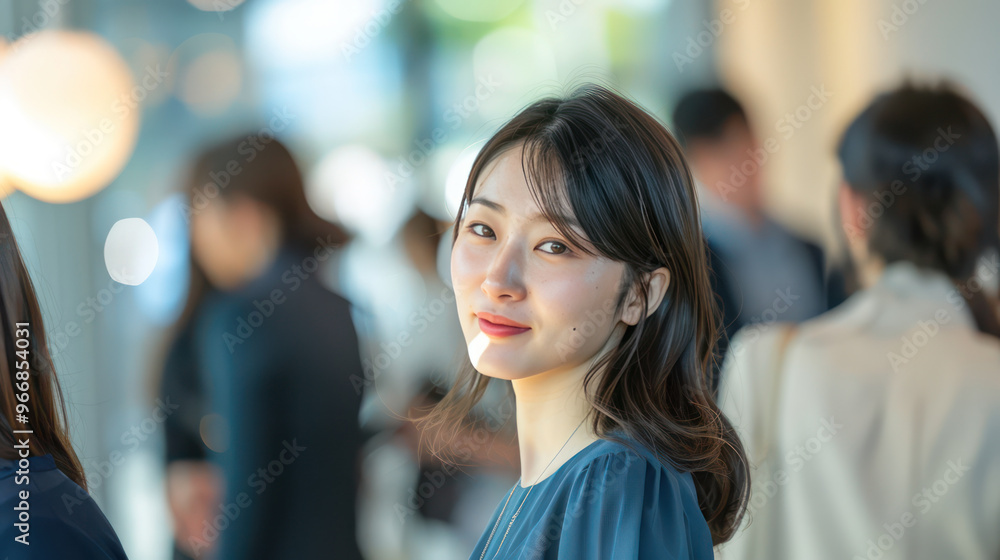 A woman smiles warmly in busy social setting, radiating joy and confidence A woman smiles warmly in busy social setting, radiating joy and confidence