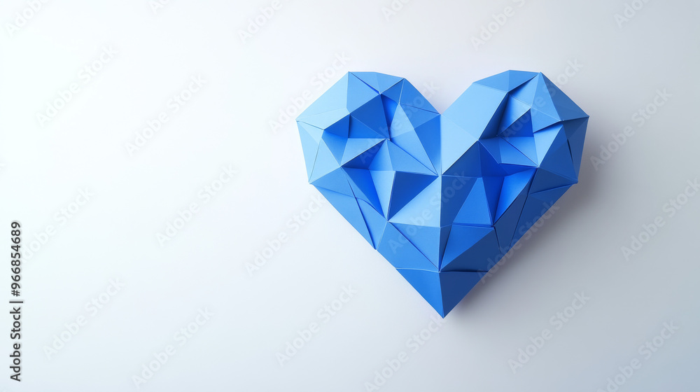 A blue heart shape stands out against a white background. It's made up of many small triangles, giving it a folded paper look. This modern design could be perfect for your company's branding. A blue heart shape stands out against a white background. It's made up of many small triangles, giving it a folded paper look. This modern design could be perfect for your company's branding.