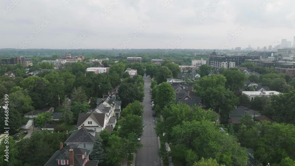 Moving drone shot of suburb houses surrounded with greenery in Minneapolis, USA. Moving drone shot of suburb houses surrounded with greenery in Minneapolis, USA.