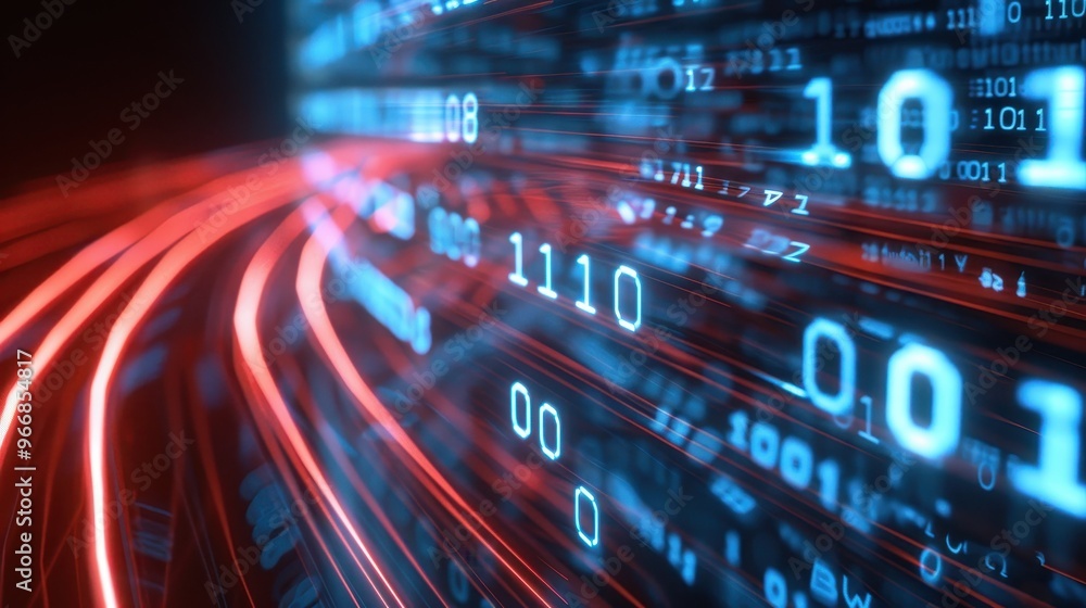 Abstract Technology Background featuring flowing binary code, vibrant lights, digital patterns, conveying innovation, connectivity, modern data-driven environment. Abstract Technology Background featuring flowing binary code, vibrant lights, digital patterns, conveying innovation, connectivity, modern data-driven environment.