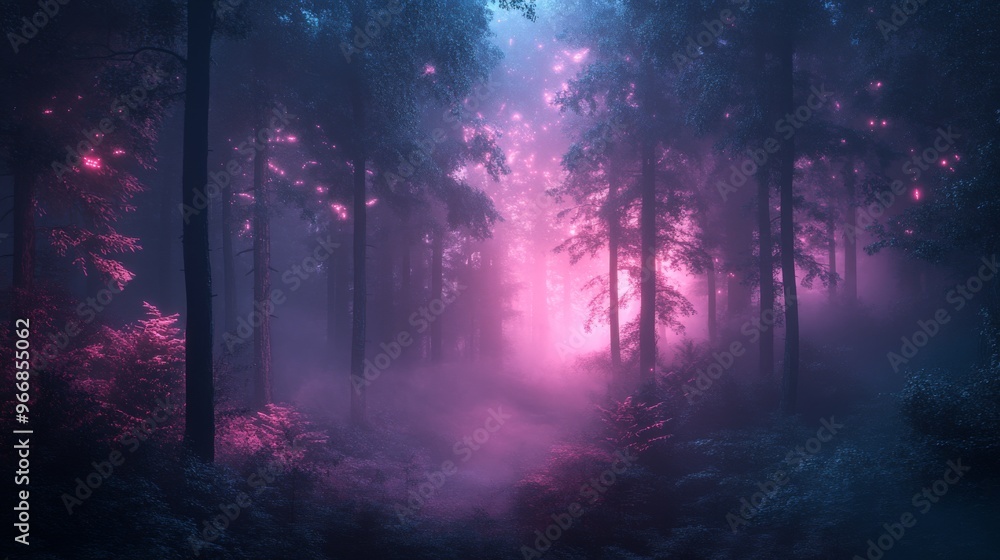 Mystical Forest Path Illuminated by Pink Glowing Lights Mystical Forest Path Illuminated by Pink Glowing Lights