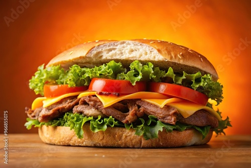 Sandwich with beef, cheese, tomato, and lettuce on orange background with depth of field