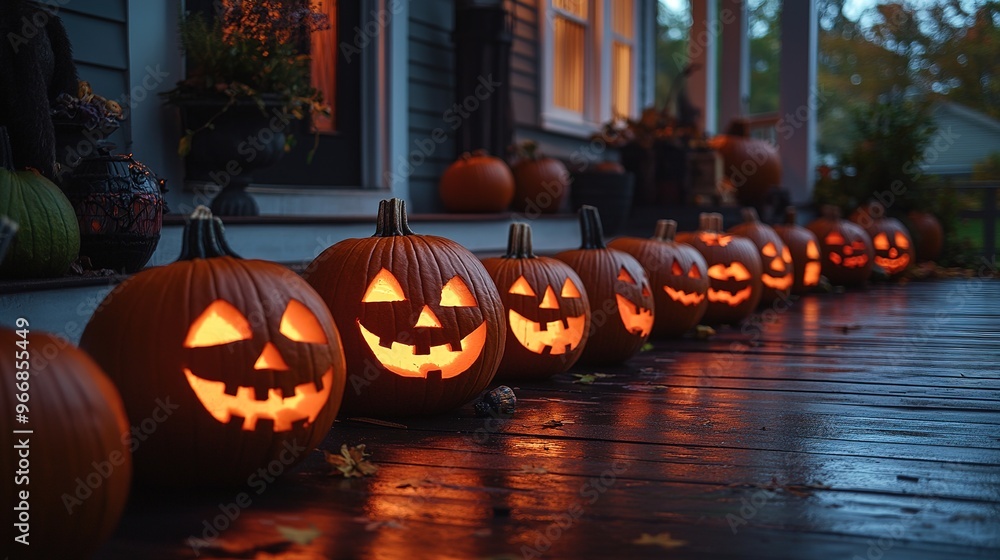 Obraz premium A row of glowing Halloween jack-o'-lanterns lined up on a porch, each with a unique face.A row of glowing Halloween jack-o'-lanterns lined up on a porch, each with a unique face.