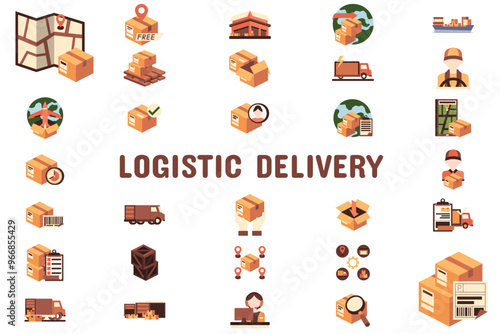 Logistic Delivery Flat Vector Illustration Icon Sticker Set Design Materials