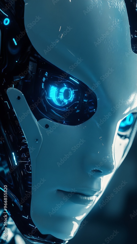 Close-up of a futuristic robot face with blue LED lights, technology concept Close-up of a futuristic robot face with blue LED lights, technology concept