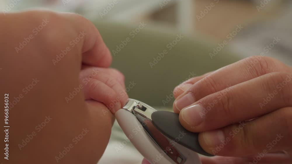Close-up of parent clipping newborn's nails. Intimate, gentle moment perfect for parenting videos or pediatric care promotions.