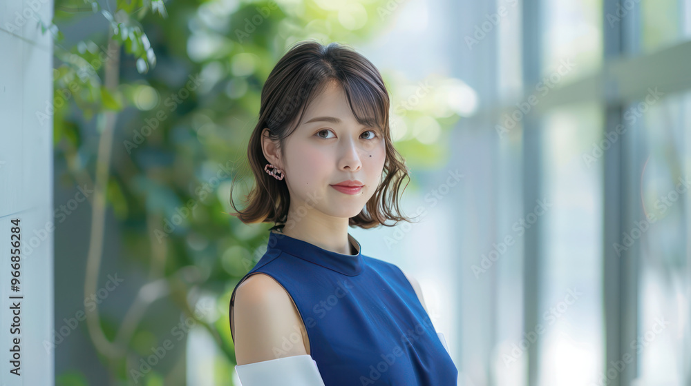 Elegant woman in blue dress, standing in bright, green environment Elegant woman in blue dress, standing in bright, green environment