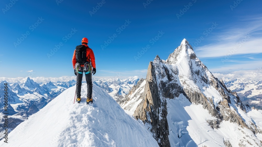 A climber stands triumphantly on a snow-covered mountain peak, surrounded by breathtaking alpine scenery under a clear blue sky. A climber stands triumphantly on a snow-covered mountain peak, surrounded by breathtaking alpine scenery under a clear blue sky.