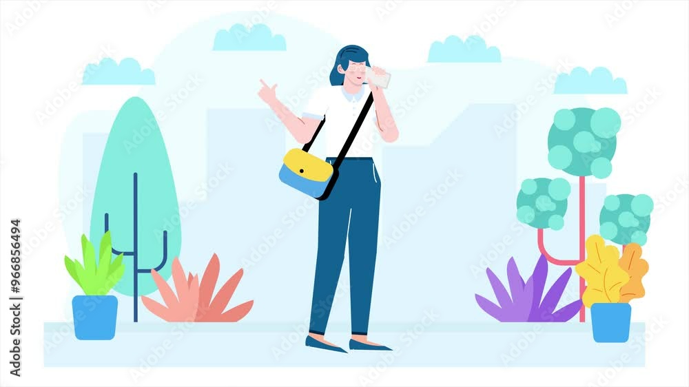 a young woman using a smartphone outdoors surrounded by plants and clear skies a young woman using a smartphone outdoors surrounded by plants and clear skies