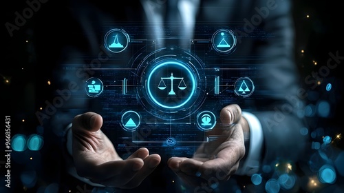 Futuristic Digital Interface with Scales of Justice Symbol for Business Analytics and Financial Insights