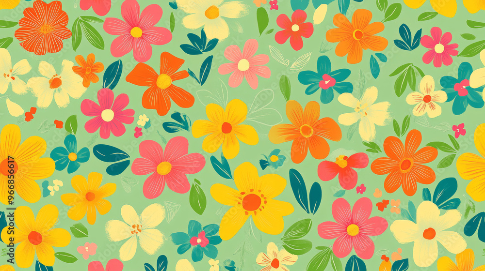 A cheerful, light green pattern with bright, hand-drawn flowers. This colorful design adds a fresh and fun touch to your projects. A cheerful, light green pattern with bright, hand-drawn flowers. This colorful design adds a fresh and fun touch to your projects.