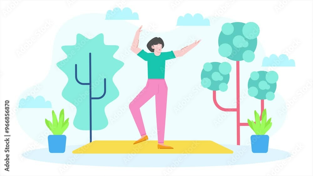Illustration of a joyful person doing exercise in a vibrant outdoor setting with trees and plants business animated video Illustration of a joyful person doing exercise in a vibrant outdoor setting with trees and plants business animated video