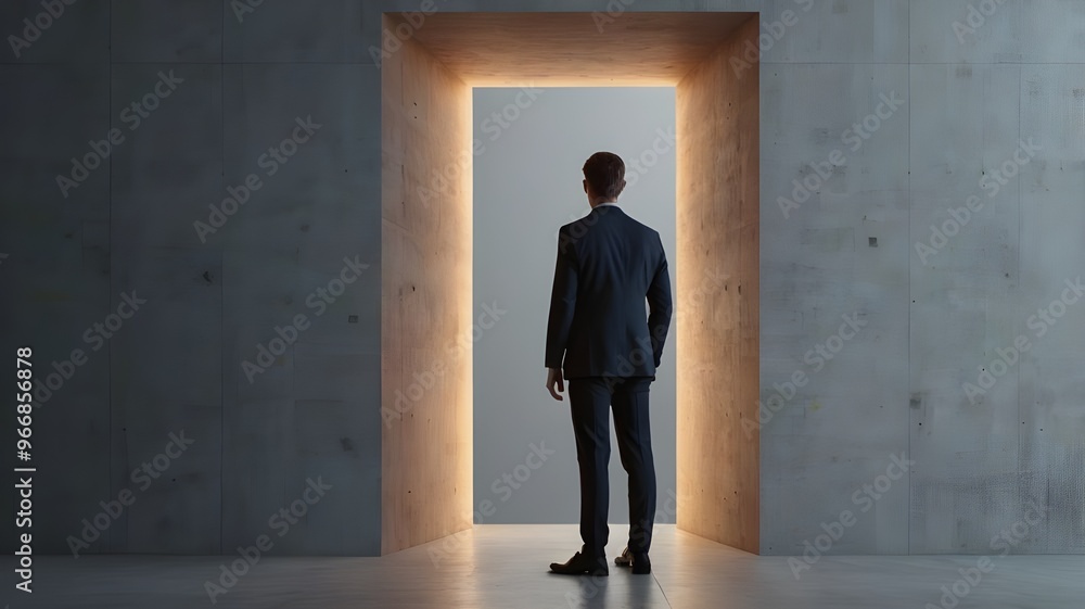 Back view of businessman standing in abstract key opening in wall with bright light and mock up place. Solution and decision concept. Back view of businessman standing in abstract key opening in wall with bright light and mock up place. Solution and decision concept.