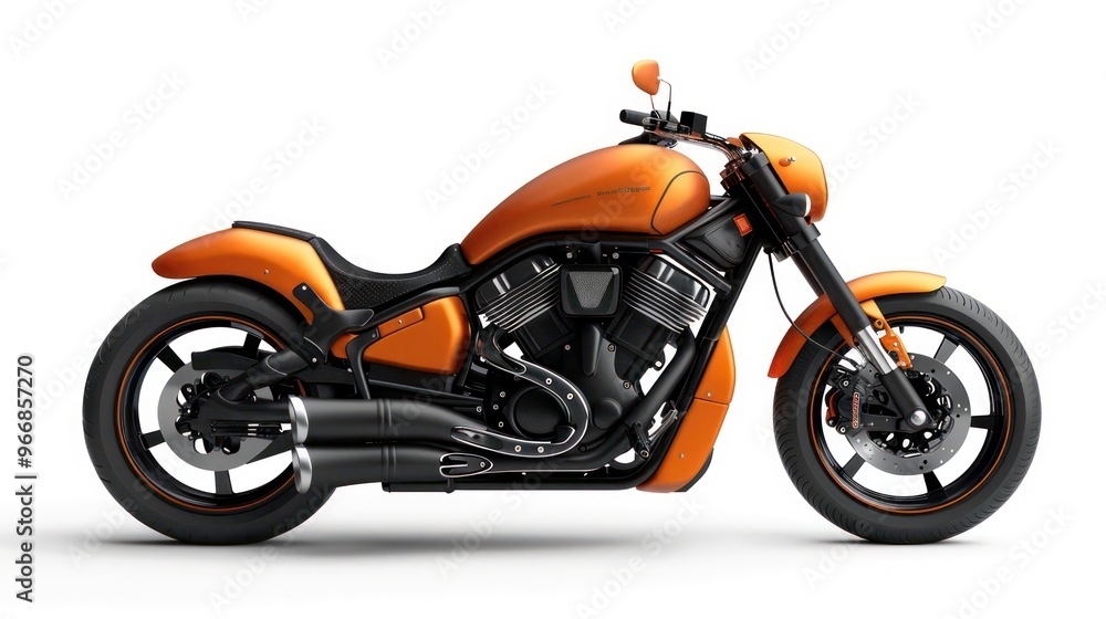 A shiny orange motorcycle with black detailing on a white background. A shiny orange motorcycle with black detailing on a white background.