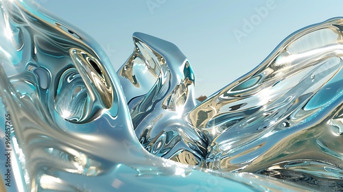 A 3D abstract landscape featuring flowing liquid-like shapes and metallic textures, creating a surreal, futuristic environment with reflective surfaces. 8k UHD, suitable for high-quality printing  photo