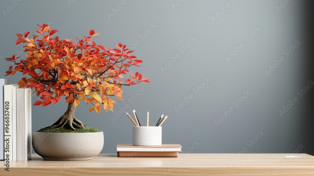 A serene workspace featuring a bonsai tree with vibrant autumn leaves, complemented by stationary and books on a sleek wooden desk. A serene workspace featuring a bonsai tree with vibrant autumn leaves, complemented by stationary and books on a sleek wooden desk.
