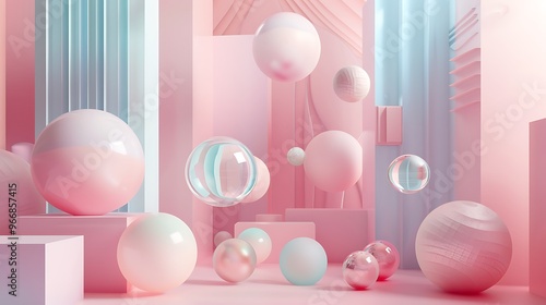 A minimalist 3D abstract scene with floating spheres and flat planes, arranged in a harmonious composition, using soft pastel colors and smooth surfaces. 8k UHD, suitable for high-quality printing  photo