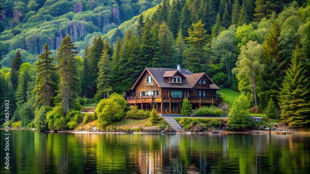 Scenic lakeside house surrounded by forested hillside with water above and below, captured at a tilted angle Scenic lakeside house surrounded by forested hillside with water above and below, captured at a tilted angle