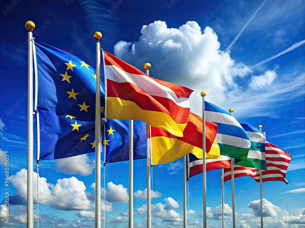 Vibrant European flags waving together in harmony, featuring iconic designs and colors, symbolizing unity and diversity against a clear blue sky with fluffy white clouds. Vibrant European flags waving together in harmony, featuring iconic designs and colors, symbolizing unity and diversity against a clear blue sky with fluffy white clouds.