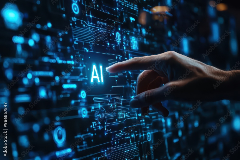 AI Hand Reaches Out to Human Finger on Dark Blurred Blue Background