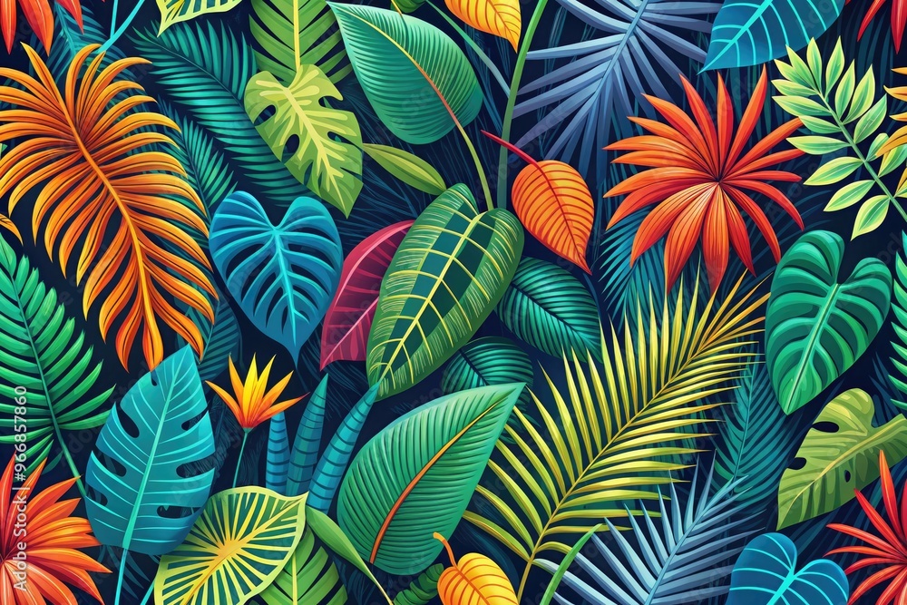 Vibrant exotic leaf pattern vector background featuring intricate illustrations of tropical foliage, ideal for designs requiring a bold, eye-catching, and luxurious natural setting. Vibrant exotic leaf pattern vector background featuring intricate illustrations of tropical foliage, ideal for designs requiring a bold, eye-catching, and luxurious natural setting.