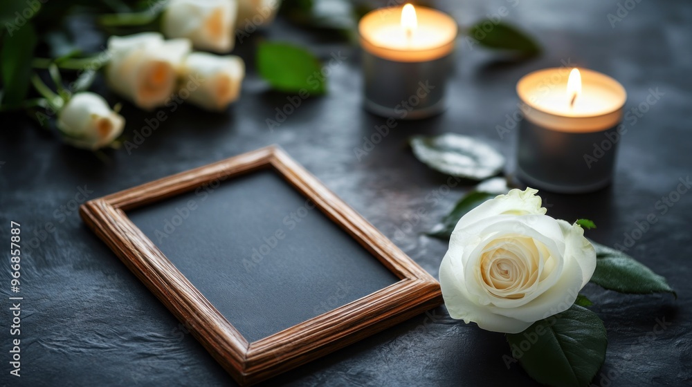 Obraz premium Illustration Funeral decoration with white roses, candles and frame on dark background. Ai generated image