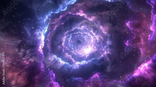 Cosmic Gateway, a mesmerizing space tunnel spiraling through the cosmos, vibrant colors swirling, leading to a breathtaking nebula filled with stars and cosmic dust.