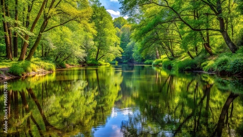 Scenic landscape of river in lush forest