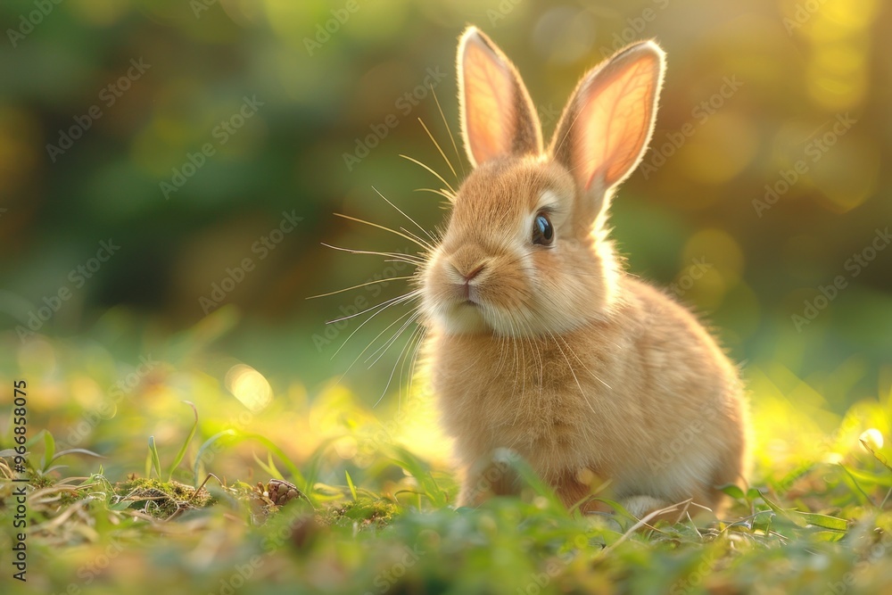 A cute brown bunny rabbit with long ears sits in a grassy meadow with golden sunlight behind it. A cute brown bunny rabbit with long ears sits in a grassy meadow with golden sunlight behind it.
