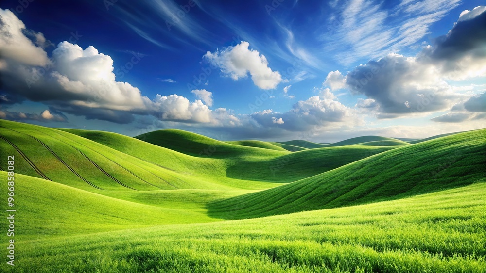 Scenic landscape with green grass, blue sky, rolling hills Scenic landscape with green grass, blue sky, rolling hills