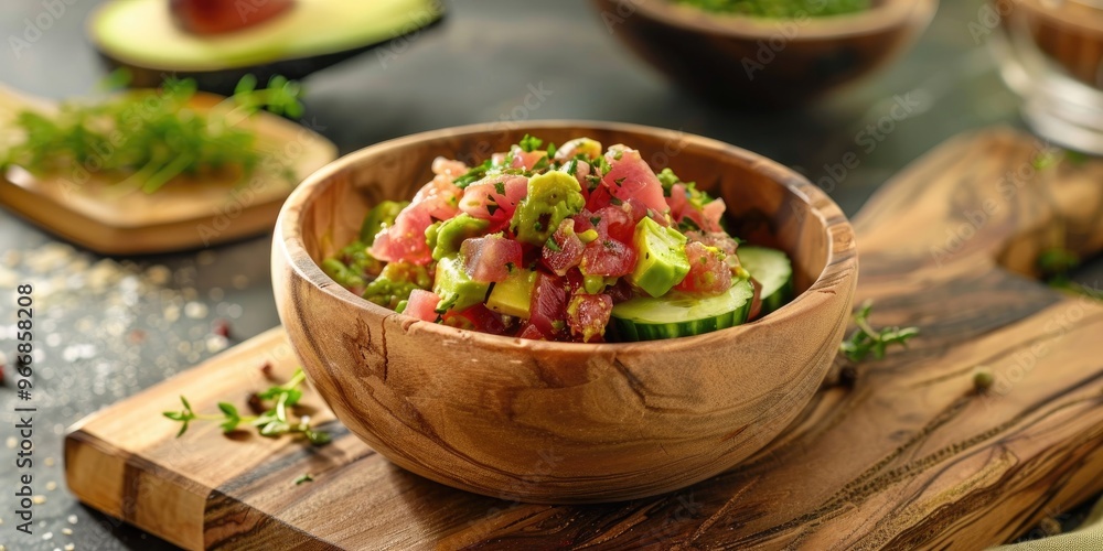 Tuna tartare served with cucumber and avocado guacamole in a rustic bowl on a chopping board. Tuna tartare served with cucumber and avocado guacamole in a rustic bowl on a chopping board.