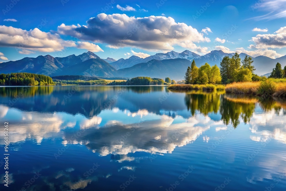 Scenic landscape with peaceful lake and mountains in reflections Scenic landscape with peaceful lake and mountains in reflections